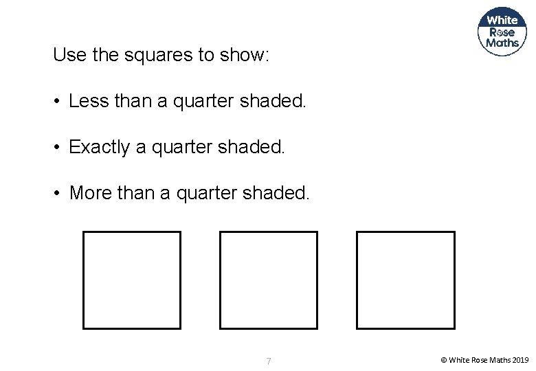 Use the squares to show: • Less than a quarter shaded. • Exactly a