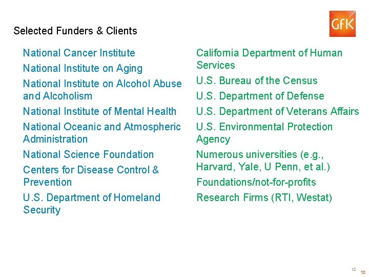 Selected Funders & Clients National Cancer Institute National Institute on Aging California Department of