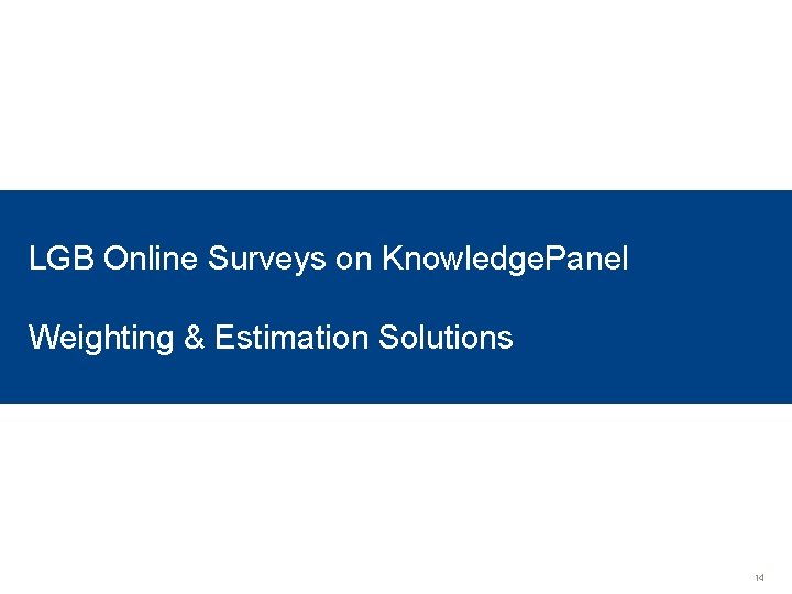 LGB Online Surveys on Knowledge. Panel Weighting & Estimation Solutions 14 