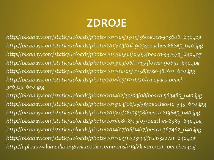 ZDROJE http: //pixabay. com/static/uploads/photo/2014/05/13/19/36/peach-343608_640. jpg http: //pixabay. com/static/uploads/photo/2013/03/01/19/23/peaches-88245_640. jpg http: //pixabay. com/static/uploads/photo/2014/09/01/05/57/peach-432579_640. jpg http: