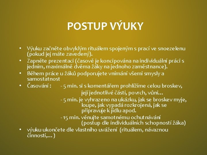 POSTUP VÝUKY • Výuku začněte obvyklým rituálem spojeným s prací ve snoezelenu (pokud jej