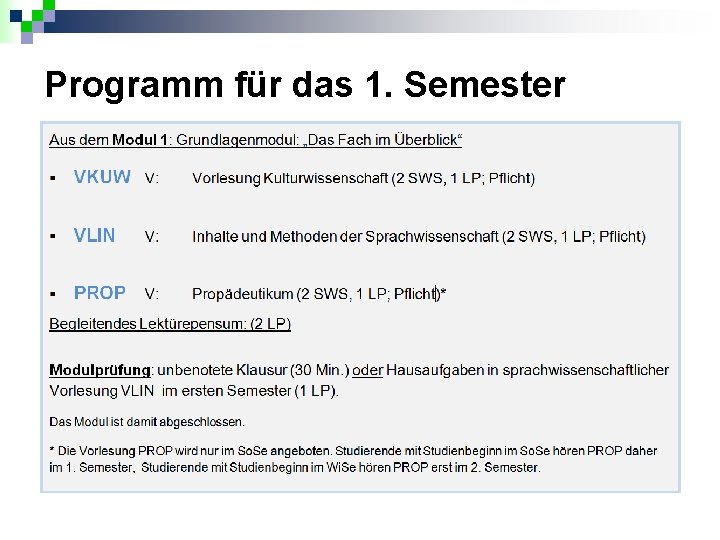 Programm für das 1. Semester 