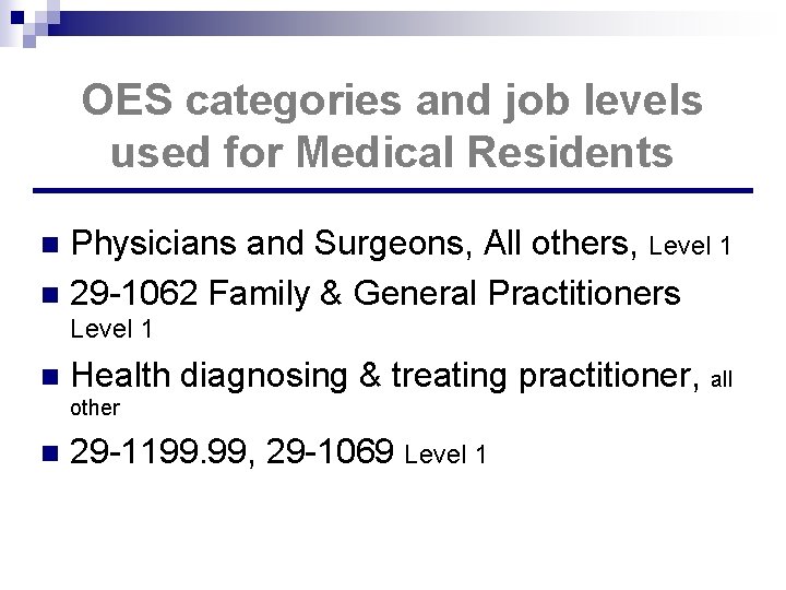 OES categories and job levels used for Medical Residents Physicians and Surgeons, All others,