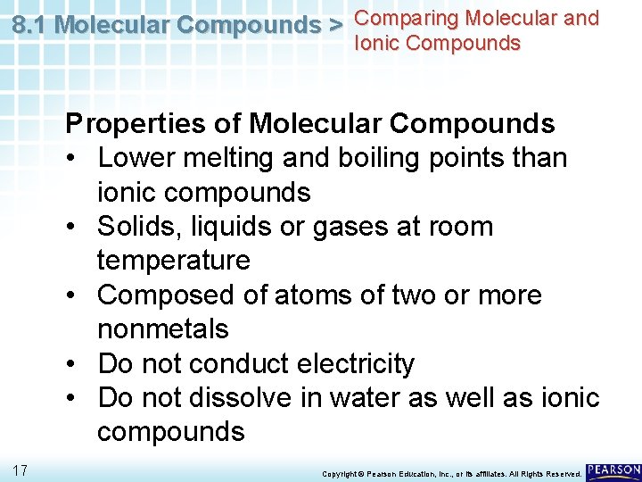 8. 1 Molecular Compounds > Comparing Molecular and Ionic Compounds Properties of Molecular Compounds