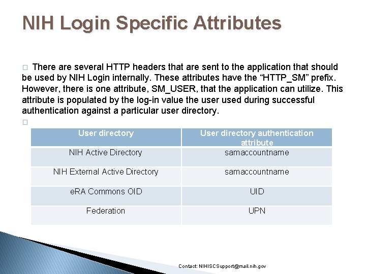 NIH Login Specific Attributes There are several HTTP headers that are sent to the