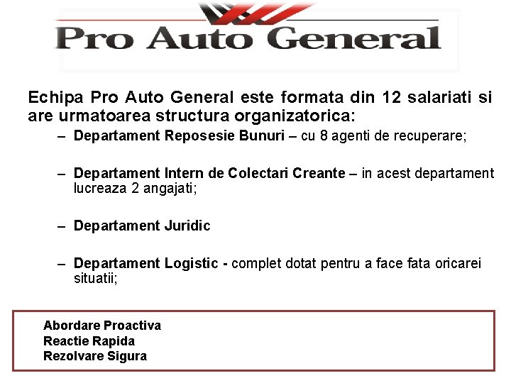 Echipa Pro Auto General este formata din 12 salariati si are urmatoarea structura organizatorica: