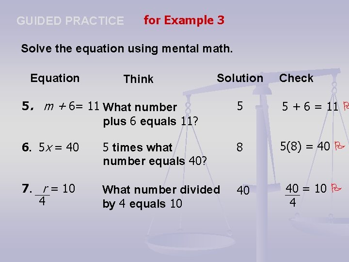 GUIDED PRACTICE for Example 3 Solve the equation using mental math. Equation Think Solution