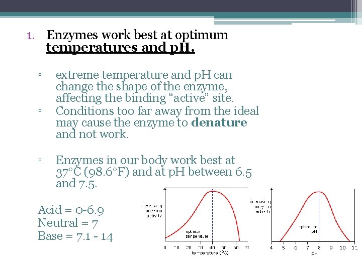 1. Enzymes work best at optimum temperatures and p. H. ▫ ▫ ▫ extreme