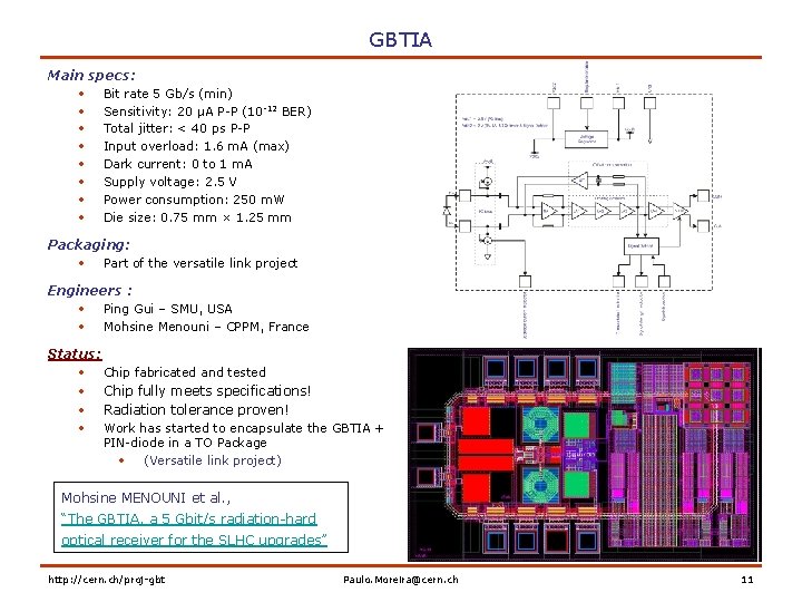 GBTIA Main specs: • Bit rate 5 Gb/s (min) • Sensitivity: 20 μA P-P