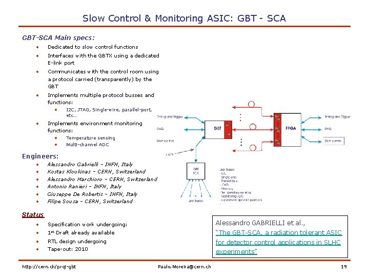 Slow Control & Monitoring ASIC: GBT - SCA GBT-SCA Main specs: • Dedicated to