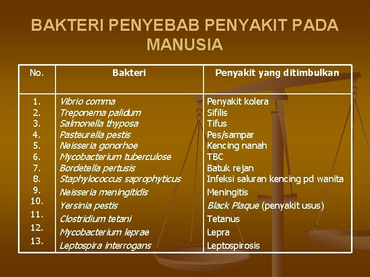 BAKTERI PENYEBAB PENYAKIT PADA MANUSIA No. 1. 2. 3. 4. 5. 6. 7. 8.