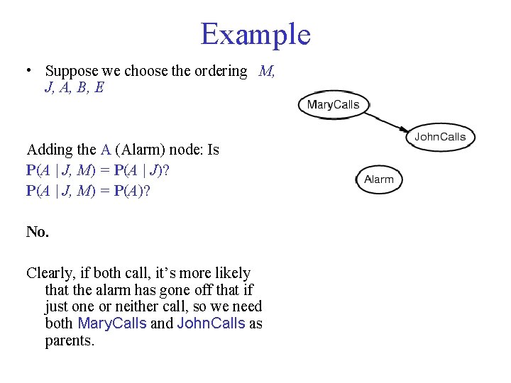 Example • Suppose we choose the ordering M, J, A, B, E Adding the