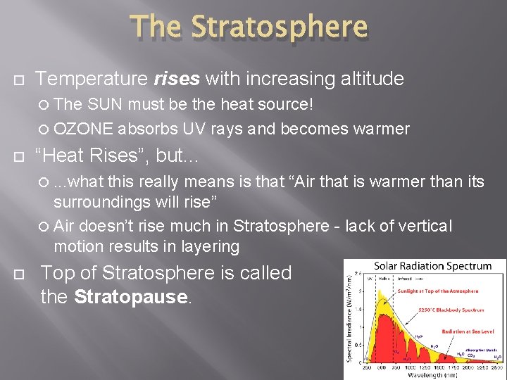 The Stratosphere Temperature rises with increasing altitude The SUN must be the heat source!