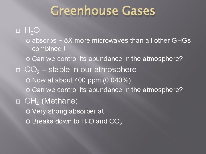 Greenhouse Gases H 2 O absorbs ~ 5 X more microwaves than all other