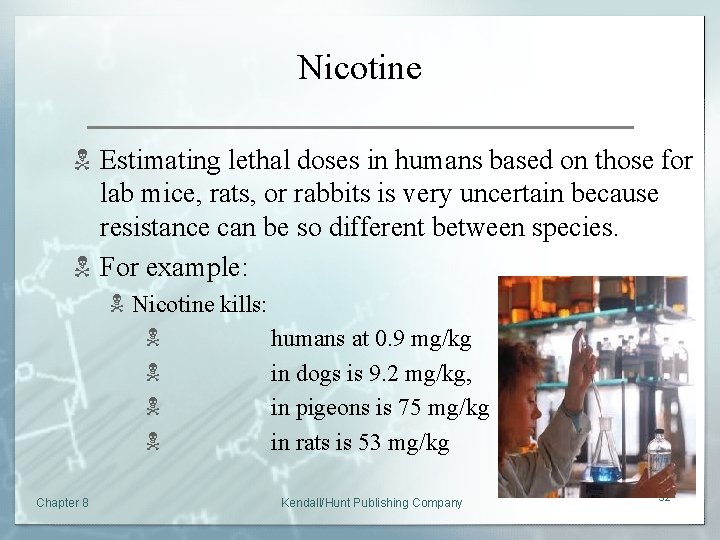 Nicotine N Estimating lethal doses in humans based on those for lab mice, rats,