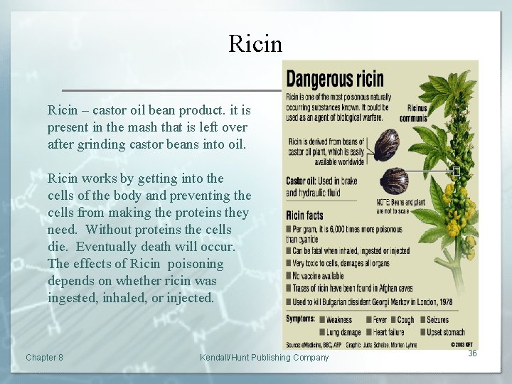Ricin – castor oil bean product. it is present in the mash that is
