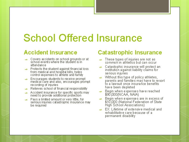 School Offered Insurance Accident Insurance Covers accidents on school grounds or at school events