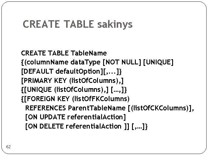 CREATE TABLE sakinys CREATE TABLE Table. Name {(column. Name data. Type [NOT NULL] [UNIQUE]