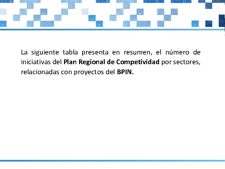 La siguiente tabla presenta en resumen, el número de iniciativas del Plan Regional de