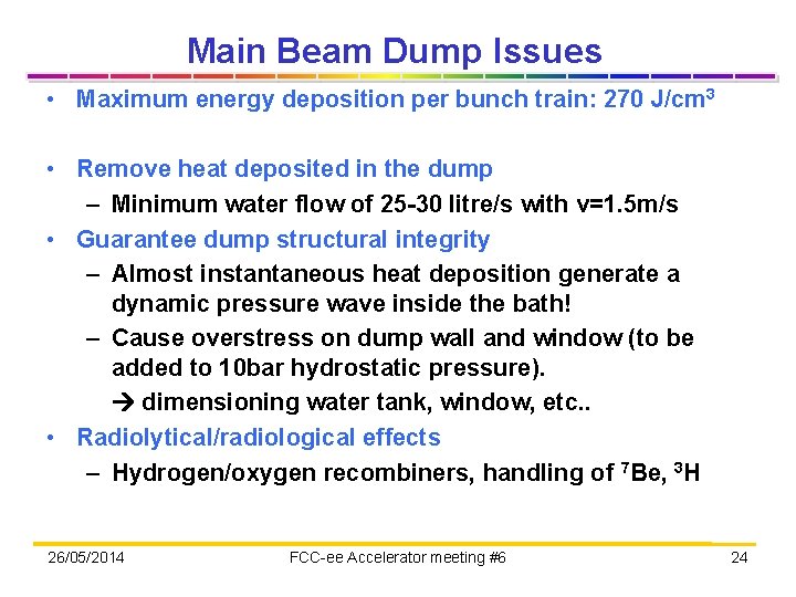 Main Beam Dump Issues • Maximum energy deposition per bunch train: 270 J/cm 3