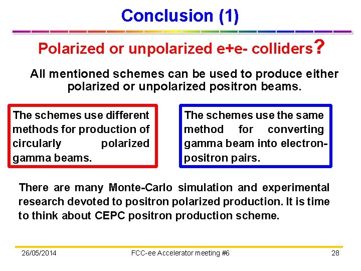 Conclusion (1) Polarized or unpolarized e+e- colliders? All mentioned schemes can be used to