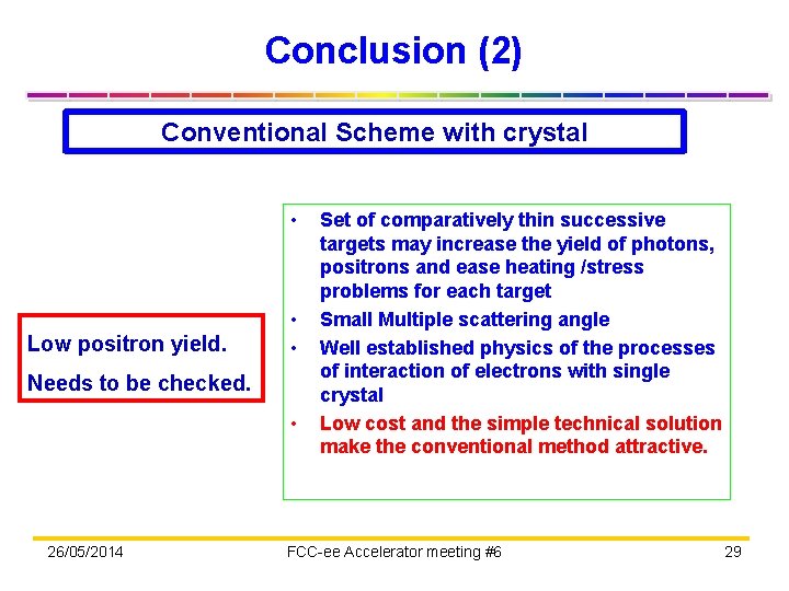 Conclusion (2) Conventional Scheme with crystal • Low positron yield. • • Needs to