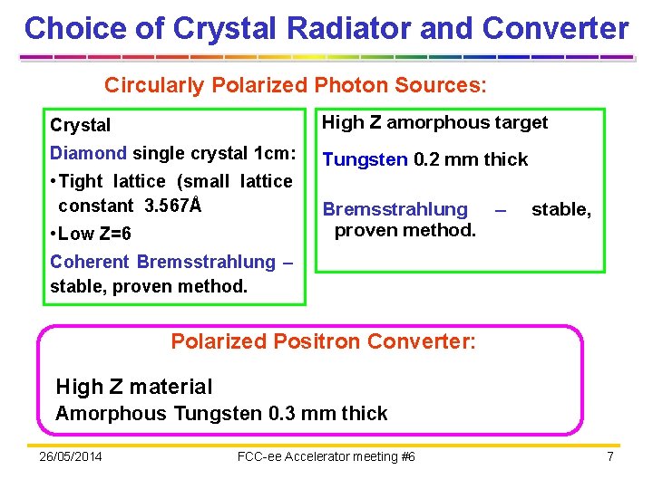 Choice of Crystal Radiator and Converter Circularly Polarized Photon Sources: Crystal High Z amorphous