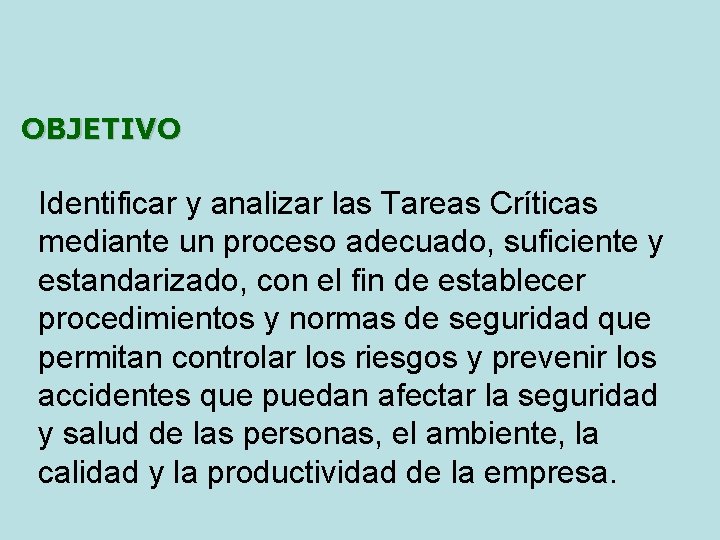 OBJETIVO Identificar y analizar las Tareas Críticas mediante un proceso adecuado, suficiente y estandarizado,