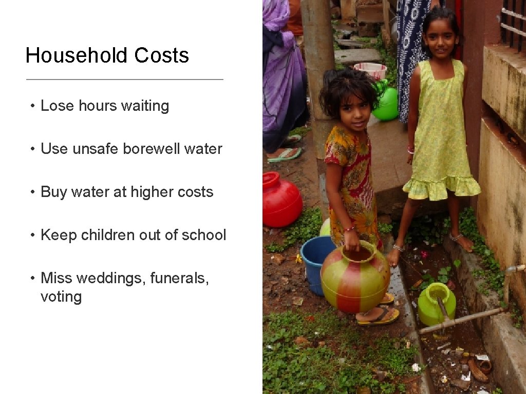 Household Costs • Lose hours waiting • Use unsafe borewell water • Buy water