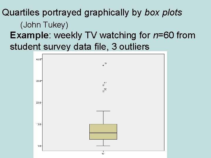 Quartiles portrayed graphically by box plots (John Tukey) Example: weekly TV watching for n=60 Quartiles portrayed graphically by box plots (John Tukey) Example: weekly TV watching for n=60