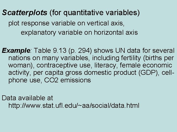 Scatterplots (for quantitative variables) plot response variable on vertical axis, explanatory variable on horizontal Scatterplots (for quantitative variables) plot response variable on vertical axis, explanatory variable on horizontal