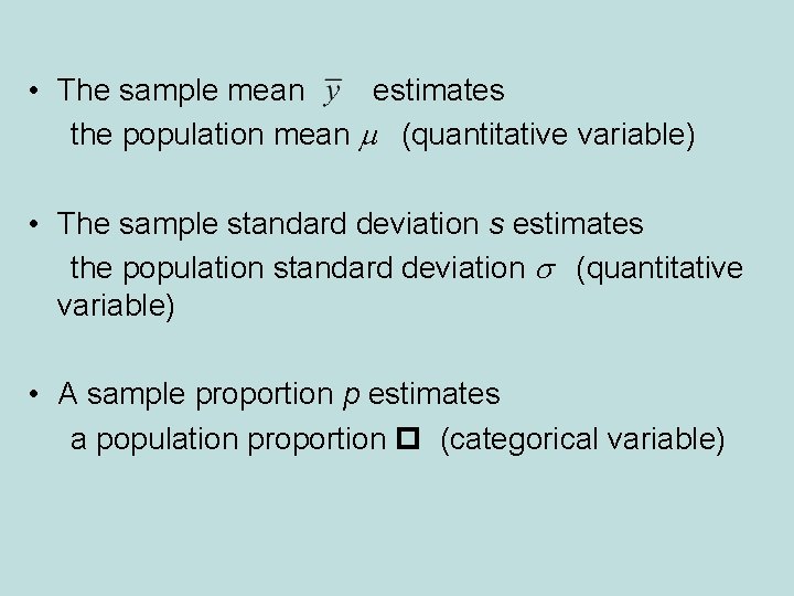 • The sample mean estimates the population mean m (quantitative variable) • The • The sample mean estimates the population mean m (quantitative variable) • The