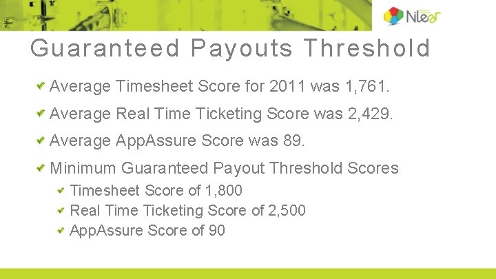 Guaranteed Payouts Threshold Average Timesheet Score for 2011 was 1, 761. Average Real Time