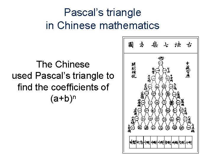 Pascal’s triangle in Chinese mathematics The Chinese used Pascal’s triangle to find the coefficients