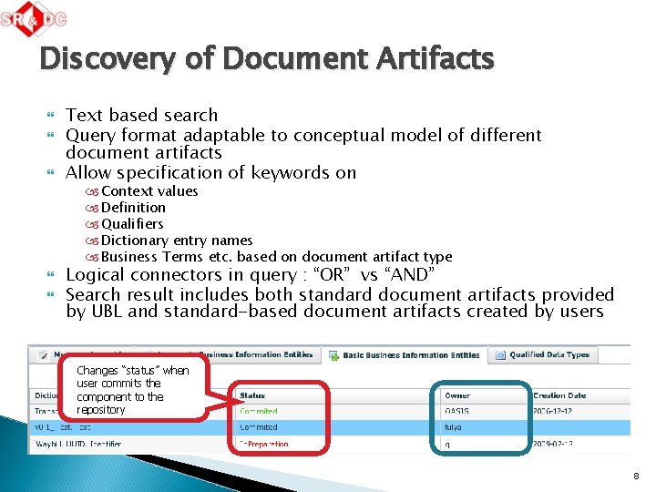 Discovery of Document Artifacts Text based search Query format adaptable to conceptual model of