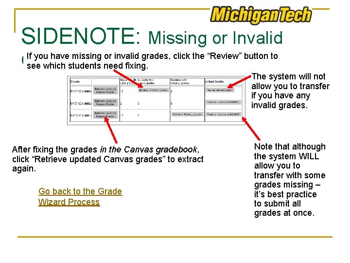 SIDENOTE: Missing or Invalid If you have missing or invalid grades, click the “Review”