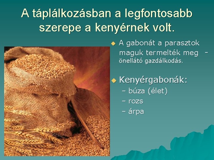 A táplálkozásban a legfontosabb szerepe a kenyérnek volt. u A gabonát a parasztok maguk
