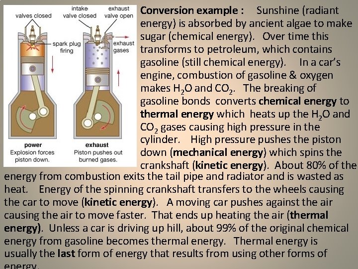 Conversion example : Sunshine (radiant energy) is absorbed by ancient algae to make sugar