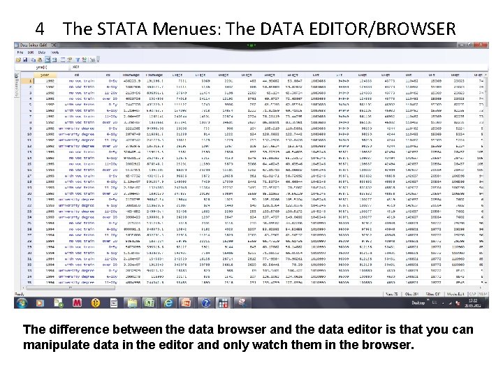 4 The STATA Menues: The DATA EDITOR/BROWSER The difference between the data browser and