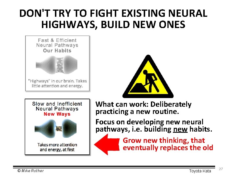 DON'T TRY TO FIGHT EXISTING NEURAL HIGHWAYS, BUILD NEW ONES What can work: Deliberately