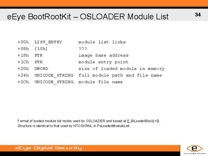 e. Eye Boot. Root. Kit – OSLOADER Module List +00 h +08 h +1