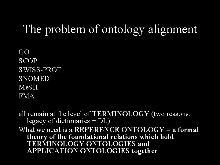 The problem of ontology alignment GO SCOP SWISS PROT SNOMED Me. SH FMA …