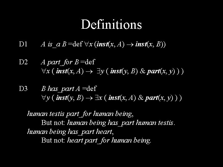 Definitions D 1 A is_a B =def x (inst(x, A) inst(x, B)) D 2