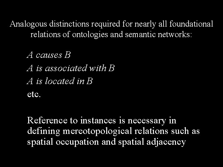 Analogous distinctions required for nearly all foundational relations of ontologies and semantic networks: A
