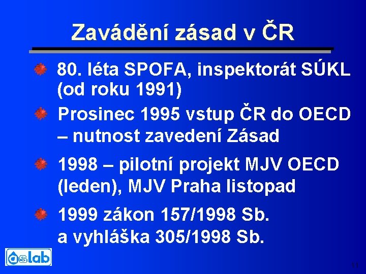 Zavádění zásad v ČR 80. léta SPOFA, inspektorát SÚKL (od roku 1991) Prosinec 1995