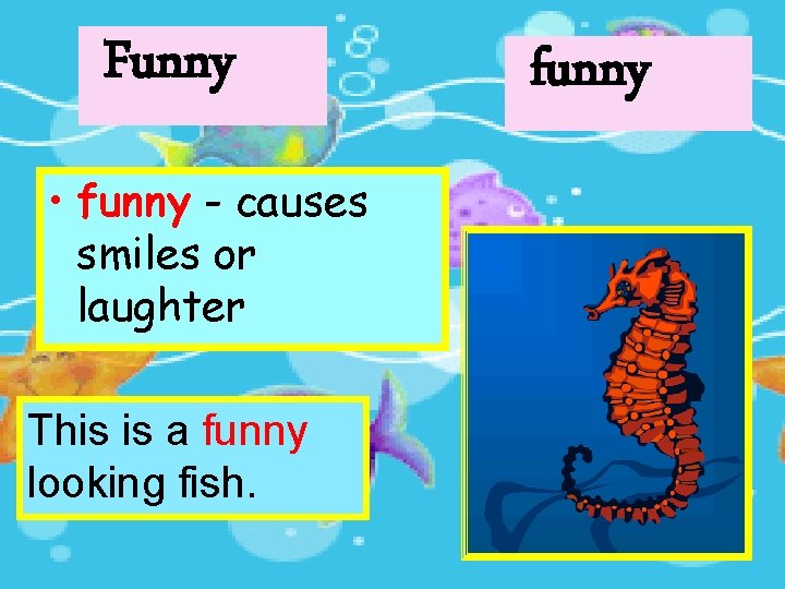 Funny • funny - causes smiles or laughter This is a funny looking fish.