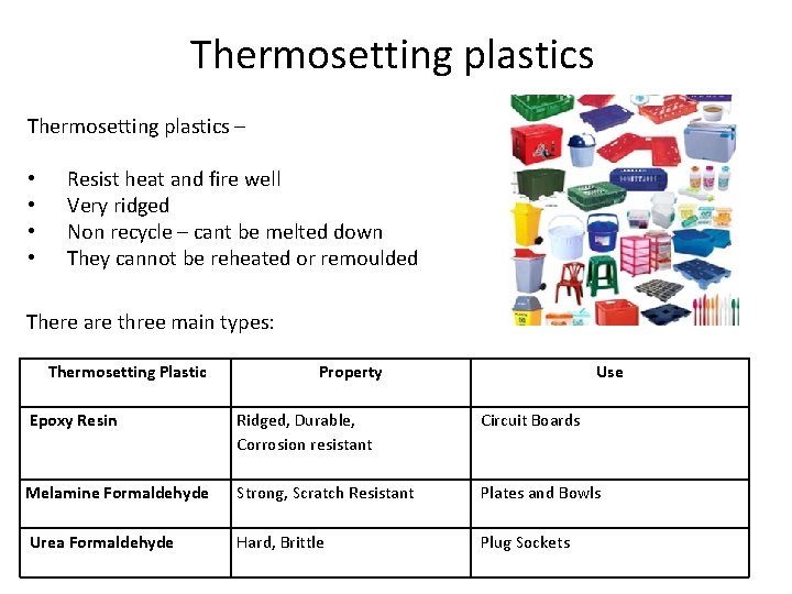 Thermosetting plastics – • • Resist heat and fire well Very ridged Non recycle