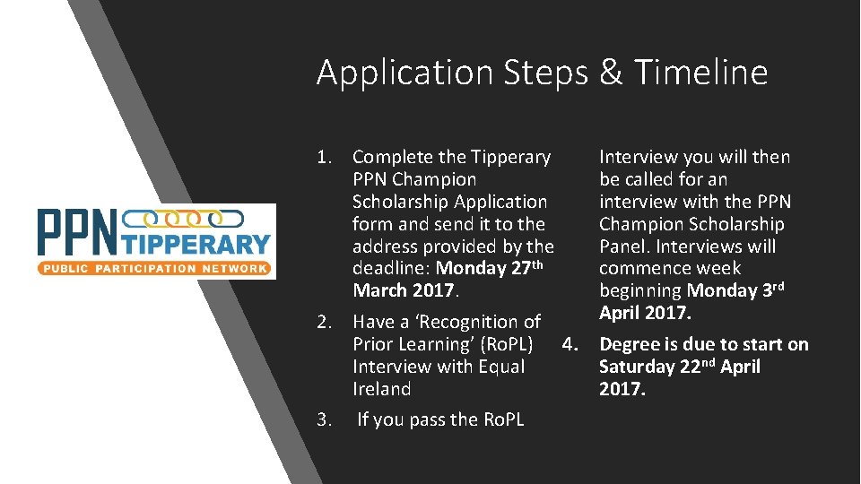 Application Steps & Timeline 1. Complete the Tipperary Interview you will then PPN Champion