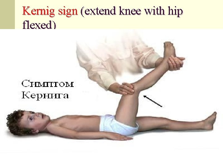 Kernig sign (extend knee with hip flexed) 