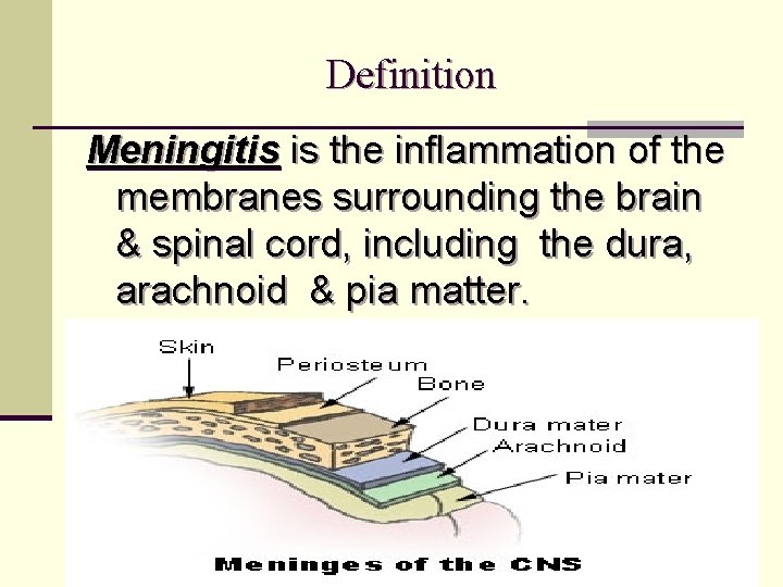 Definition Meningitis is the inflammation of the membranes surrounding the brain & spinal cord,